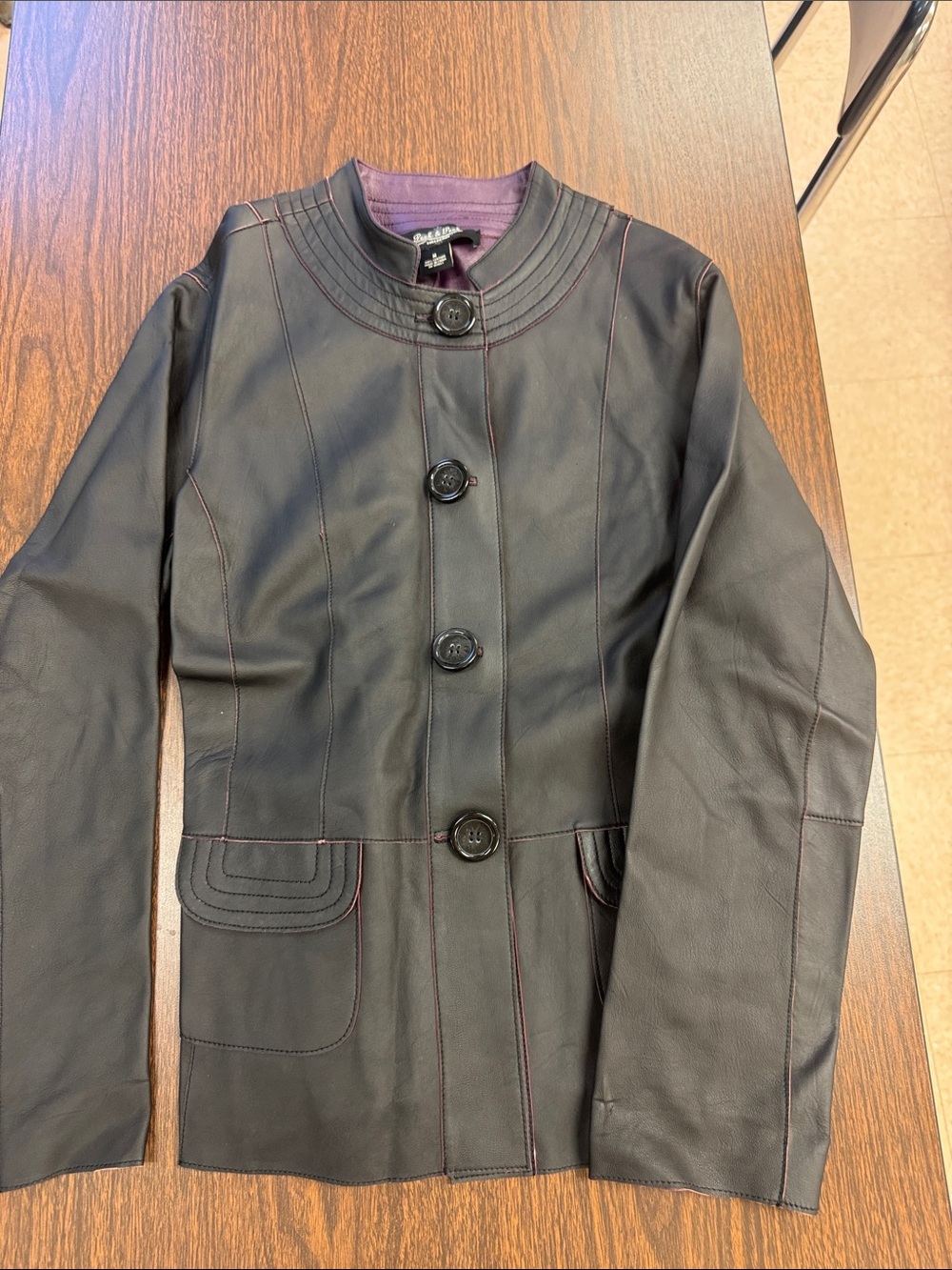 Women's Black Leather Button-Front Jacket with Purple Lining